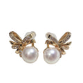 Luxury Rhinestone Real Fresh Water Pearl Studs 18K Gold Plated Bow Tie Shape Earrings with Diamond Pearl Jewelry for Women