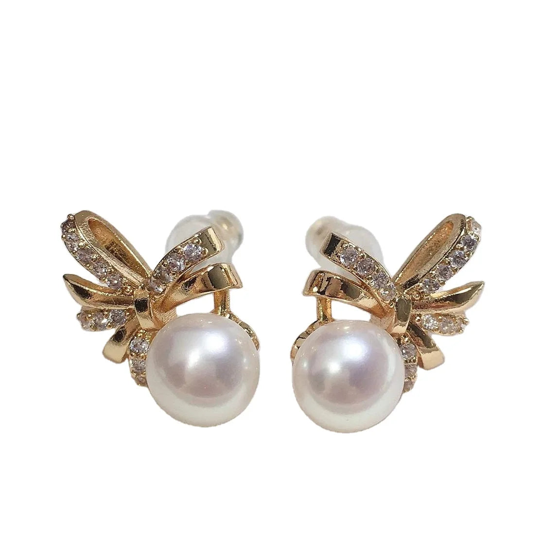 Luxury Rhinestone Real Fresh Water Pearl Studs 18K Gold Plated Bow Tie Shape Earrings with Diamond Pearl Jewelry for Women