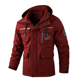 EU Size Casual Men's Outdoor Windbreaker Jacket with Detachable Zipper Hood Printed Tactical Pockets Pure Color Stand Collar