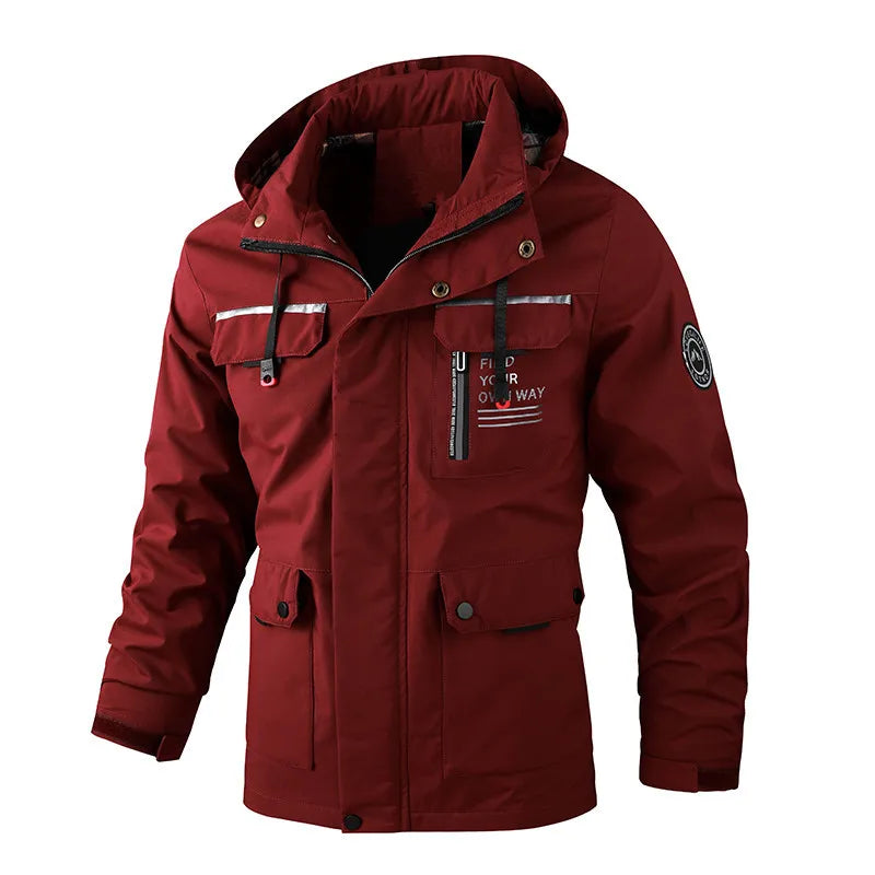 EU Size Casual Men's Outdoor Windbreaker Jacket with Detachable Zipper Hood Printed Tactical Pockets Pure Color Stand Collar