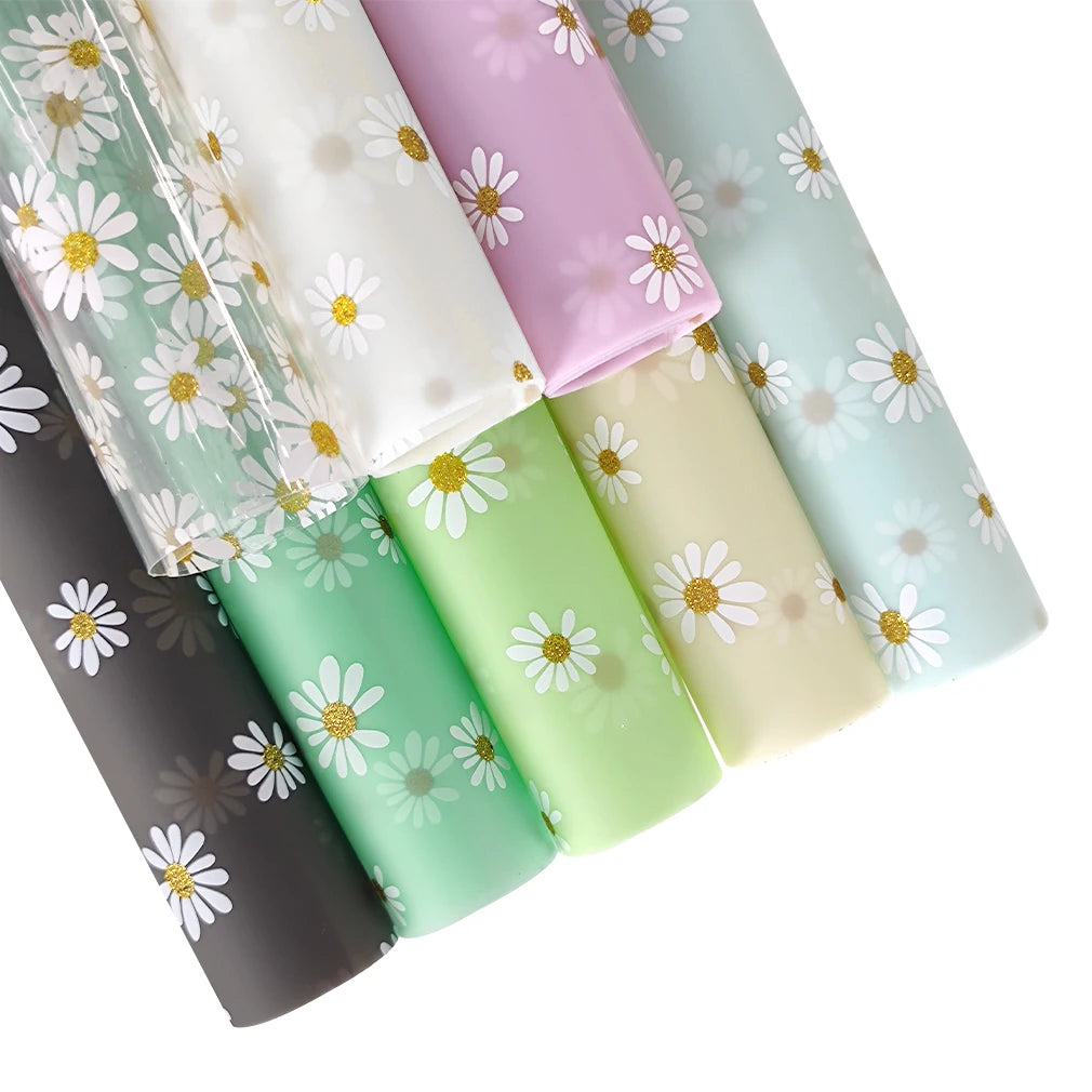 30x135cm Translucent Jelly Vinyl Frosted Glitter Daisy Flower Printed TPU Film Roll for Hair Bows Clips Handbags Making