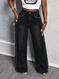 Women's Denim Jeans Plus Size Wide Leg High Waist Loose Rhinestone Embellishments Breathable Eco-Friendly Colored Wash Ripped
