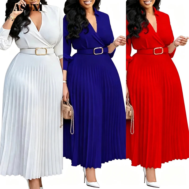 PASUXI Women's Pleated Ruffled Empire Waist Dress Knee-Length Solid Color Polyester Knitted Plus Size Spring Dresses MegaBDM