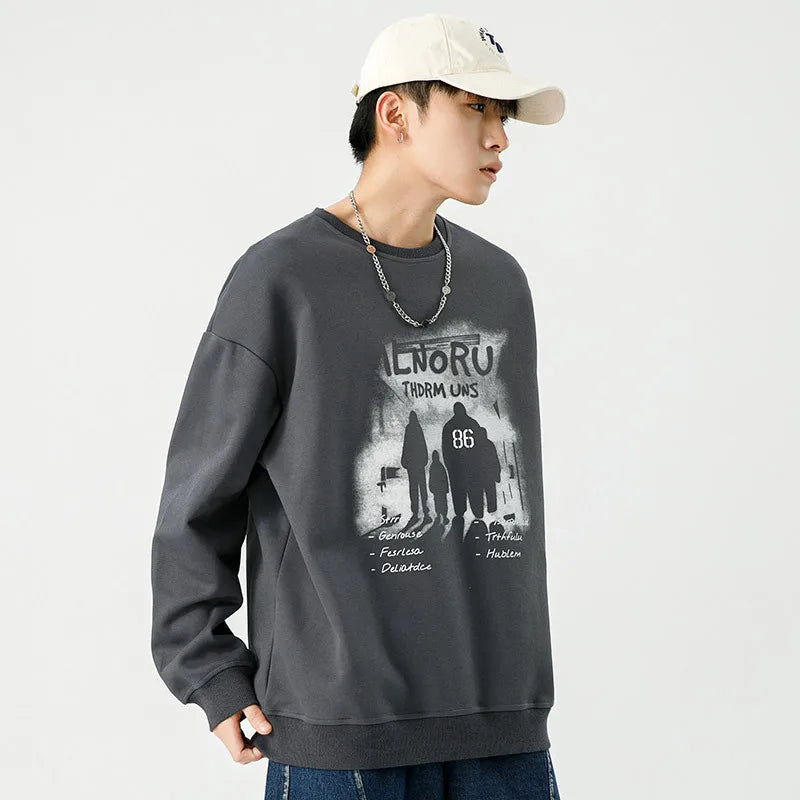 Men's Casual Heavy Cotton Sweatshirt With Round Neck Long Sleeves New Style Hoodless Pullover Black Fashion Label Printed Hoodie