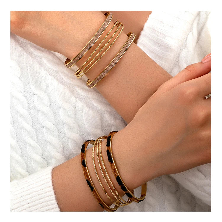 Exaggerated Fashion Leopard Leather Alloy Open Bracelet Punk New Bracelet Set Jewelry Wholesale