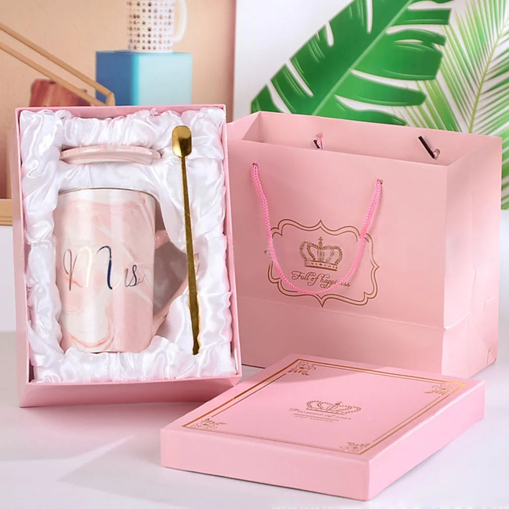 Custom Printed Wedding Gift Box Set Couple Mugs Grey Pink Mr and Mrs Marble Ceramic Coffee Mug Cup With Lid and Spoon