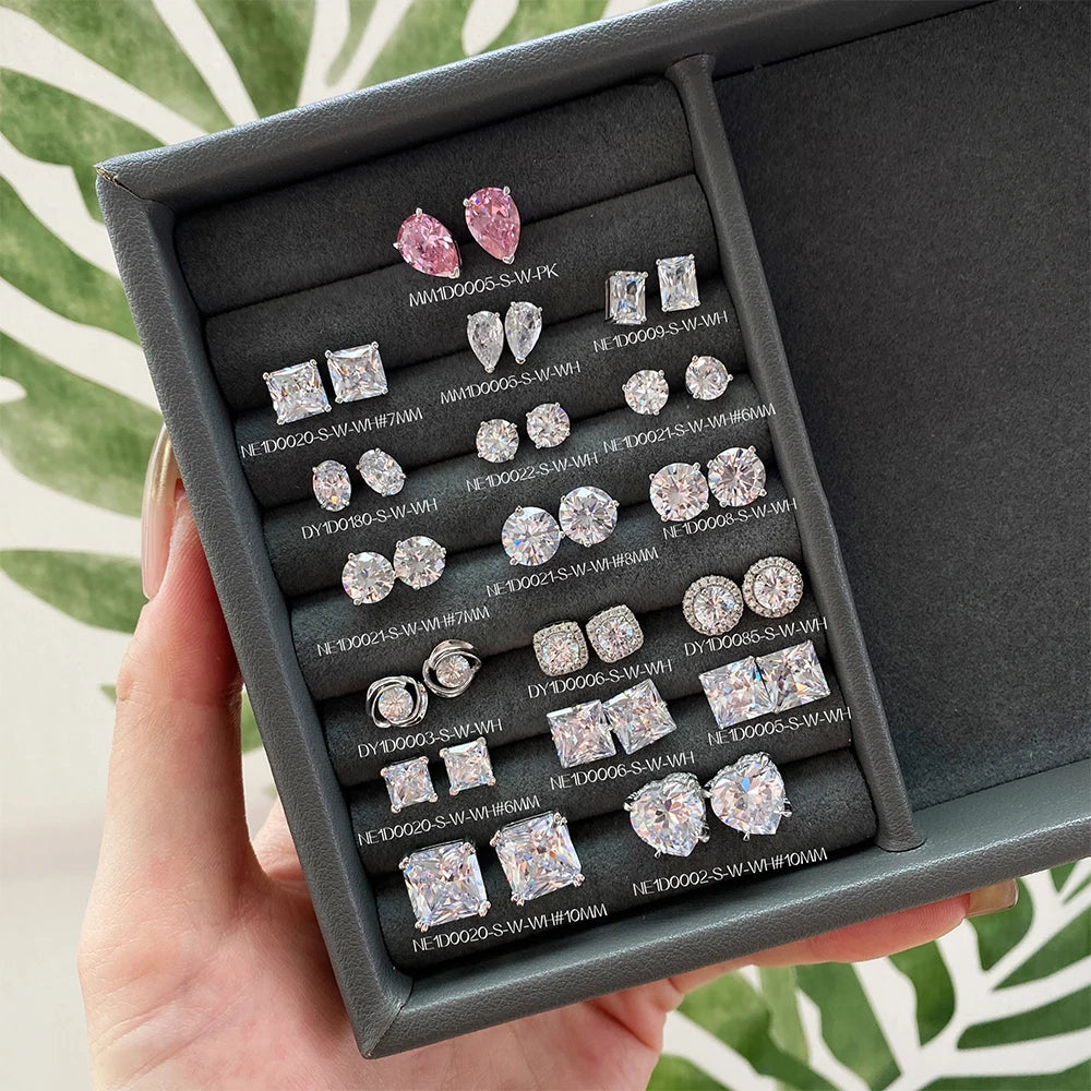 2024 TOP PICK Valentine Day Anniversary Gift S925 Silver Rhodium Plated Heart Square Round Diamond 5A Zirconia Stud Earrings