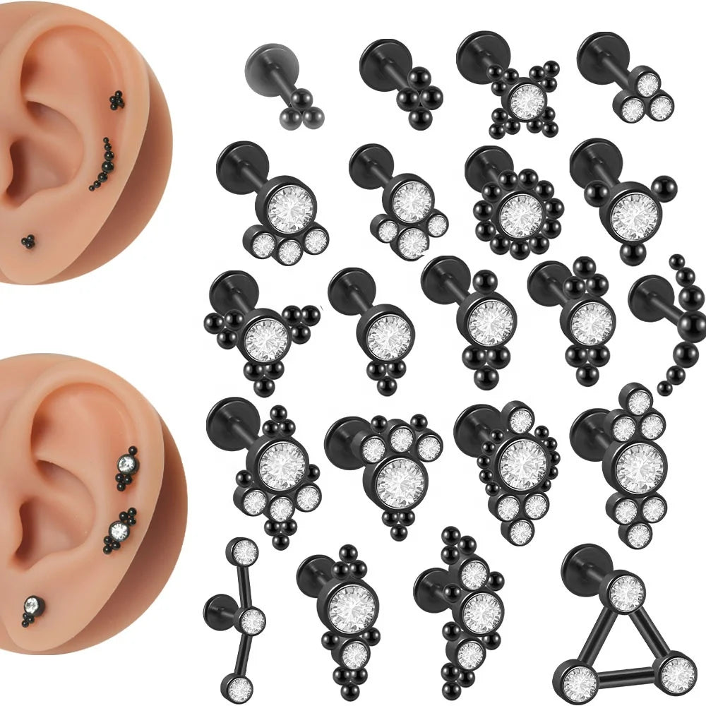 316L Surgical Steel 16G Black Plated CZ Labret Lip Ring Crystal Cluster Ear Cartilage Tragus Helix Daith Weddings Engagements
