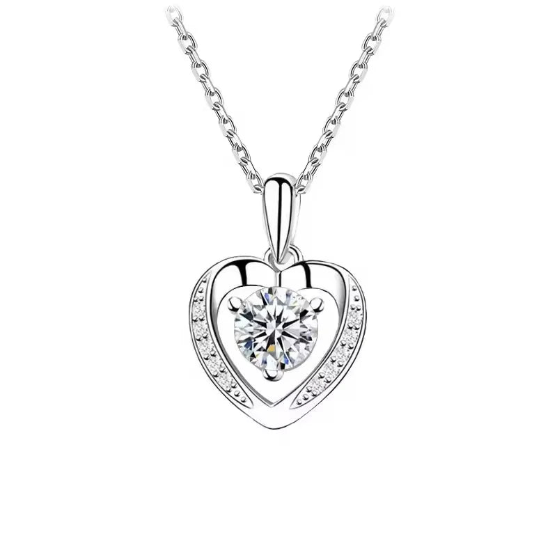 Fine Jewelry 925 Sterling Silver High Polished Round Zircon Heart Pendant Necklace for Women