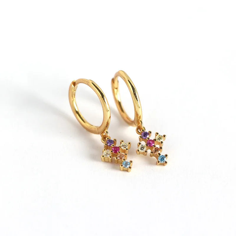 Bohemia Jewelry 925 Sterling Silver Cross Rainbow Colorful Diamond CZ Cross Hoop Earrings for Women