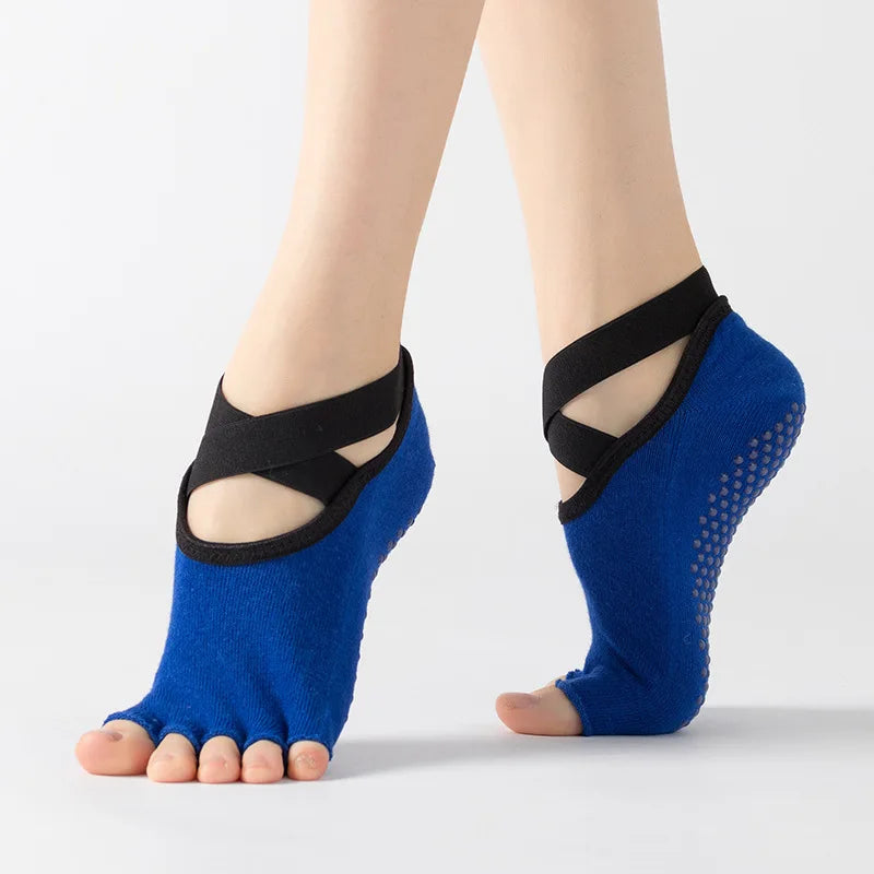 Custom Double Cross Strap Without Toe Backless Yoga Socks Fitness Floor Socks Indoor Pro Anti slip Trampoline Dance Cotton Socks