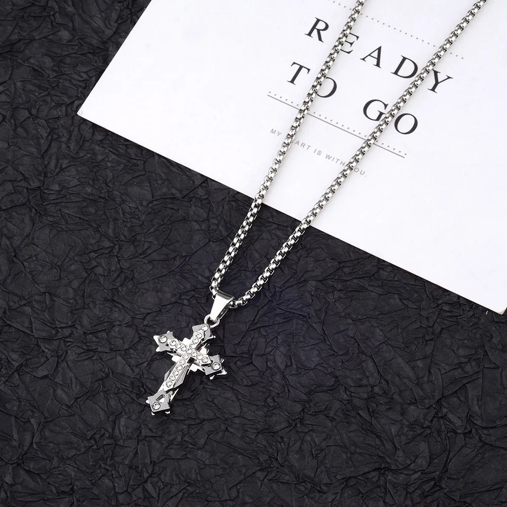 Creative Stainless Steel Jewelry Crystal CZ Cross Pendant Necklace Micro Pave Cubic Zircon Cross Pendant Necklace