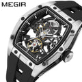 MEGIR 2242 Silver Black Men Watch Waterproof Luxury Mechanical Wristwatch Skeleton Clock Tourbillon Automatic Watches for Man
