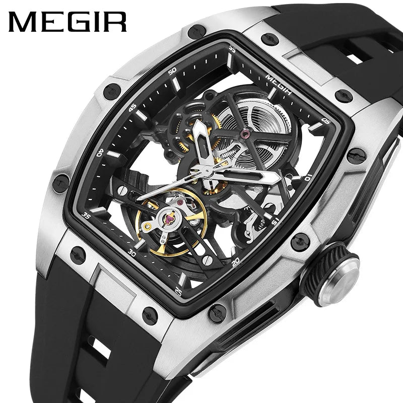 MEGIR 2242 Silver Black Men Watch Waterproof Luxury Mechanical Wristwatch Skeleton Clock Tourbillon Automatic Watches for Man