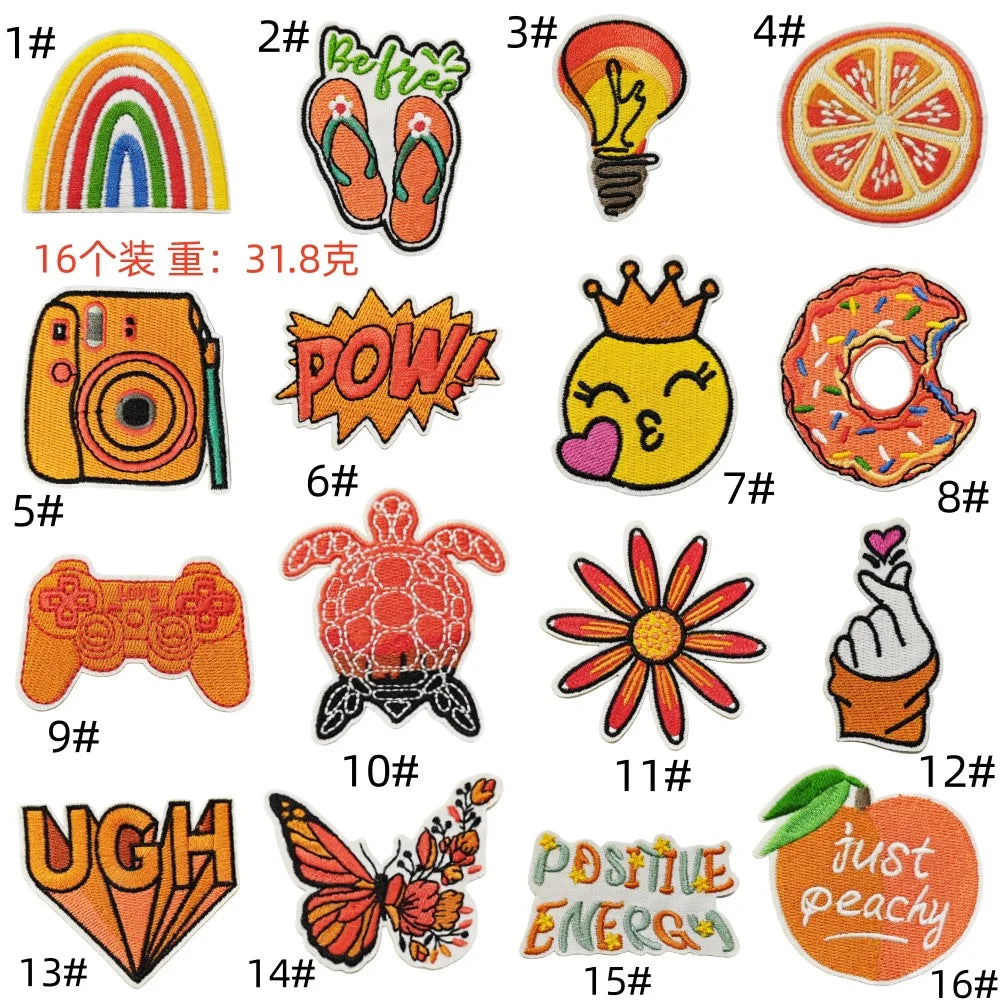 New Iron on Embroidery Orange Series Lighter Orange  Camera Donut Game Player Tortoise Patch for Decoration Gift