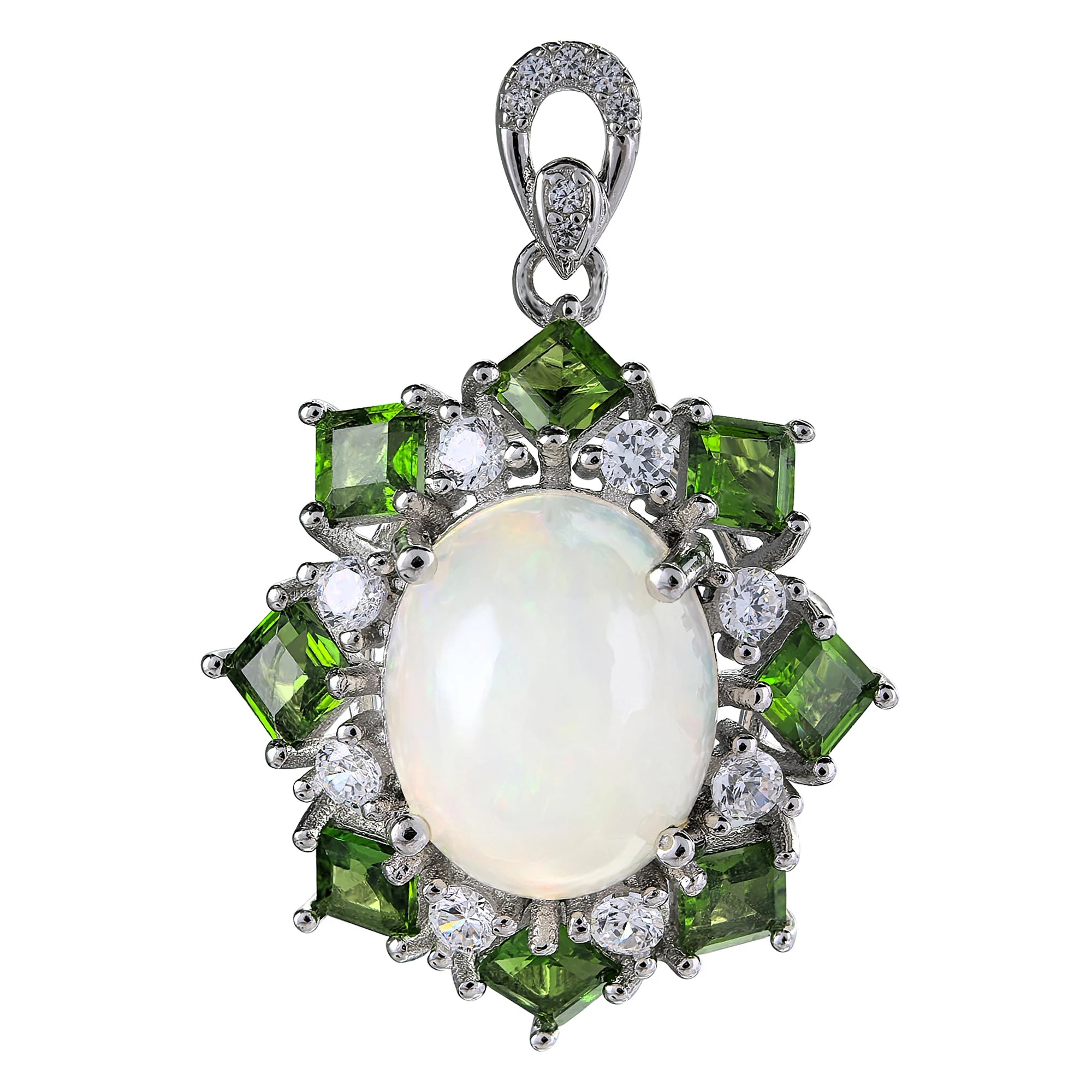 Exquisite Rhodium Plated Silver 925 Natural Opal Flower Pendant Women's Anniversary Gift Charm Pendants
