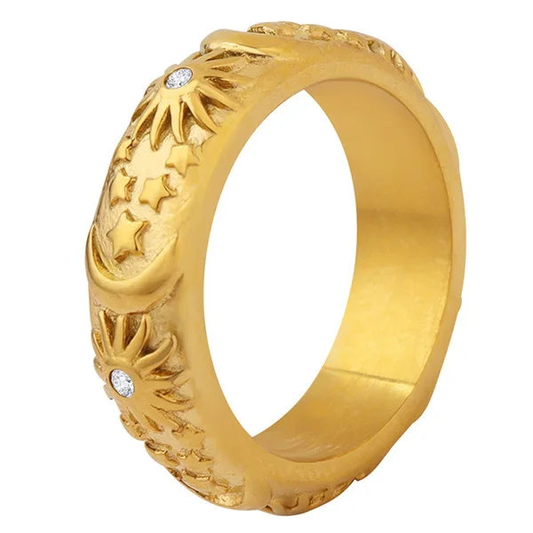 Simple 316L Stainless Steel 18K Gold Plated Zircon Sun Moon Finger Ring Titanium Steel PVD Embossed Star Moon Sun Band Rings