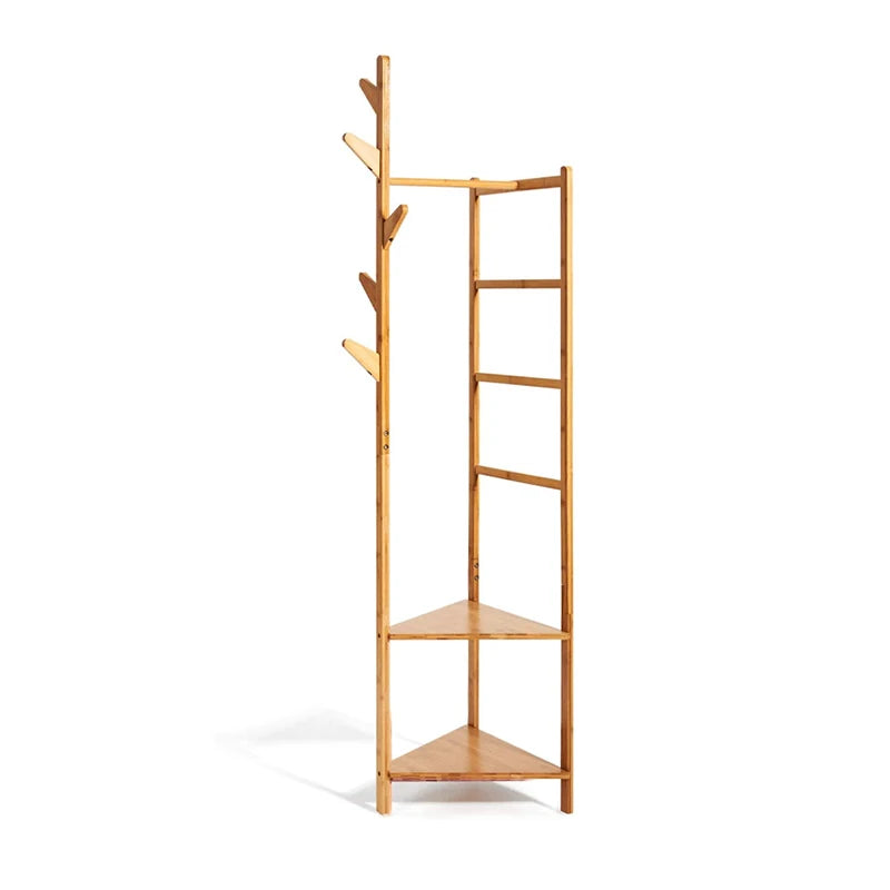 Shaped Bamboo Coat Rack 5 Hooks Cheap Free Standing Entryway Coat Hanger Stand for Living Room Bathroom Use for Clothing Bags