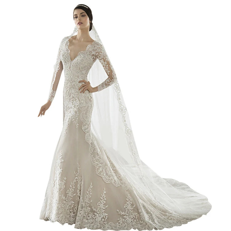New Korean Lace Double Shoulder Deep V Long Sleeve Slim Fishtail Long Train Bridal Wedding Dress