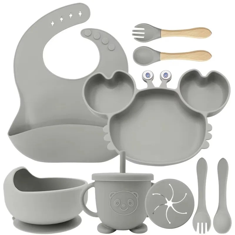 High Quality Supplies Dinnerware Silicone Baby Feeding Set Kids Dining Cup Bib Spoon Weaning Children Placemat Baby Bowl Plate