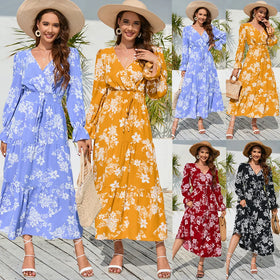2025 Autumn/Winter New V-neck Waist Tie Long Sleeve Fragmented Flower Dress Long Dress Large Women