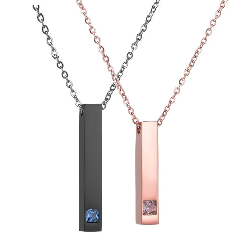 Engraved Stainless Steel Vertical Bar Name Couple Custom Mental Necklace Personalized Blue Pink Stone Women Men Jewelry