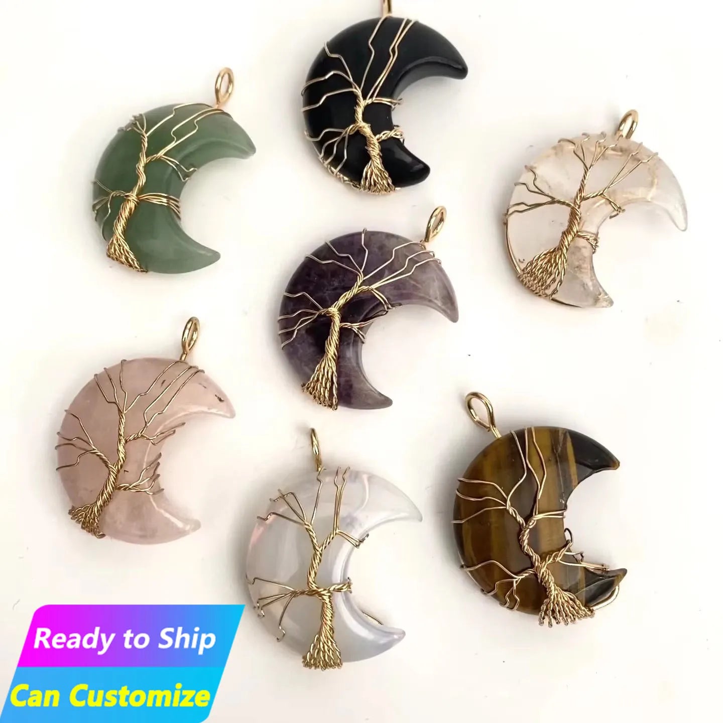 Children's Classic Fashion Jewelry Black Obsidian Amethyst Moon Natural Raw Gemstone Crystal Wire Wrapped Stone Tree Life Gold
