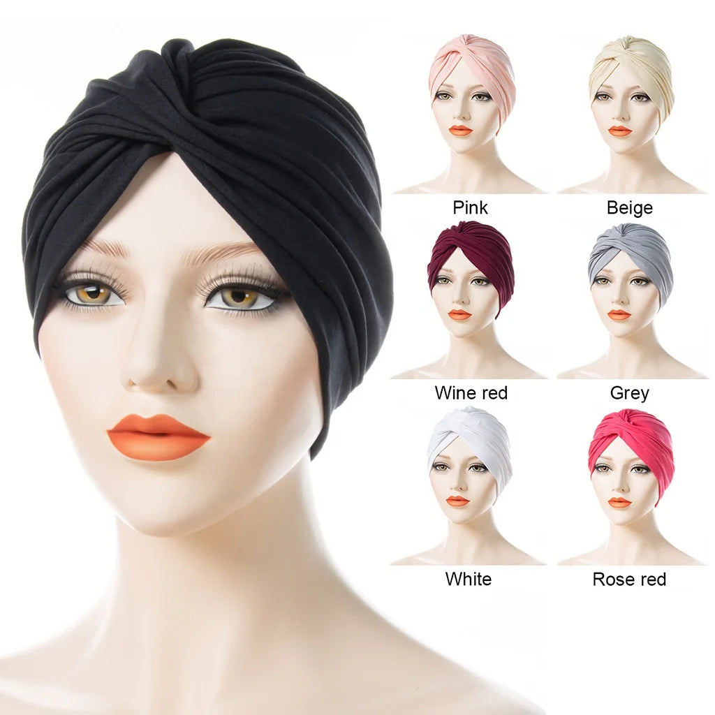 Stretch Turbans Head Beanie Cover Twisted Pleated Headwrap Assorted Colors Hair Cover Beanie Hats for Women Girls
