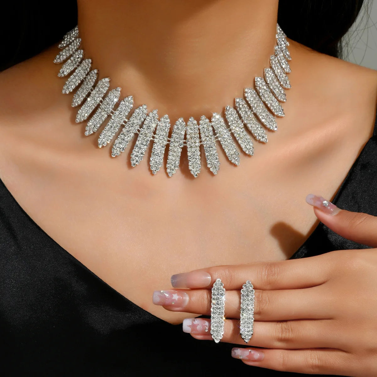Wholesale Bridal Set Women's Jewelry Full Diamond Necklace & Earrings Two-Piece Wedding Costume Accessories