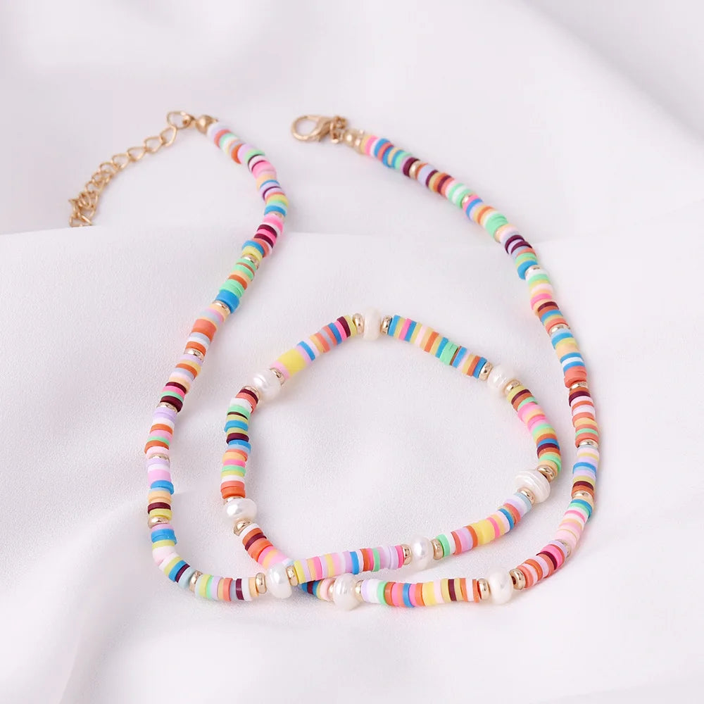 Handmade Multicolor rainbow Fashion Trendy Polymer Clay Disc Bead Abs Pearl Choker Necklace Women Beach Jewelry