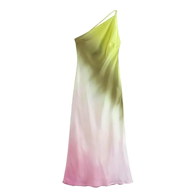 Fashionable Elegant One Shoulder Printed Sleeveless Casual Midi Dresses Women