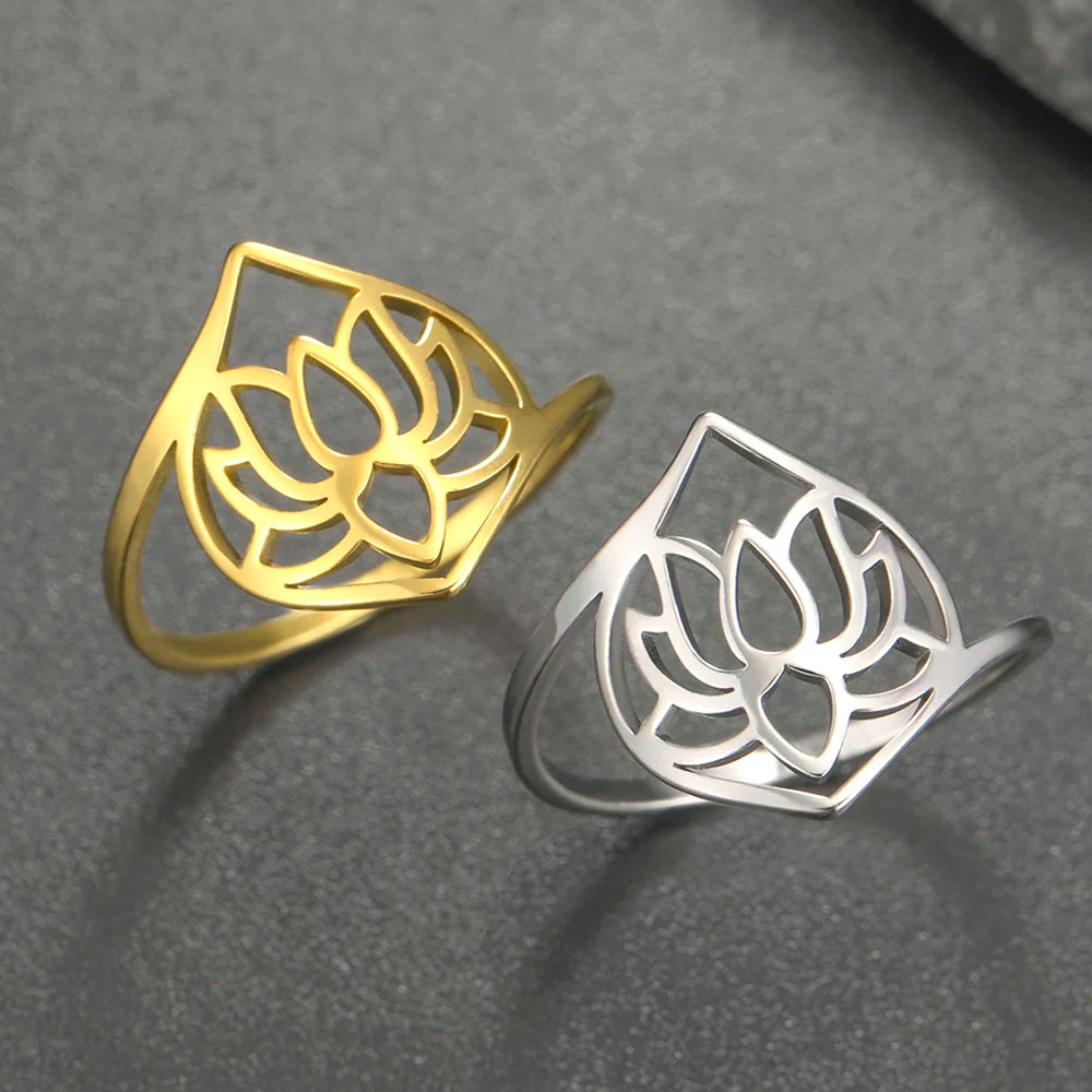 Myshape Lotus Flower Crescent Moon Ring Yoga Meditation Symbol Stainless Steel Wedding Band Vintage Jewelry