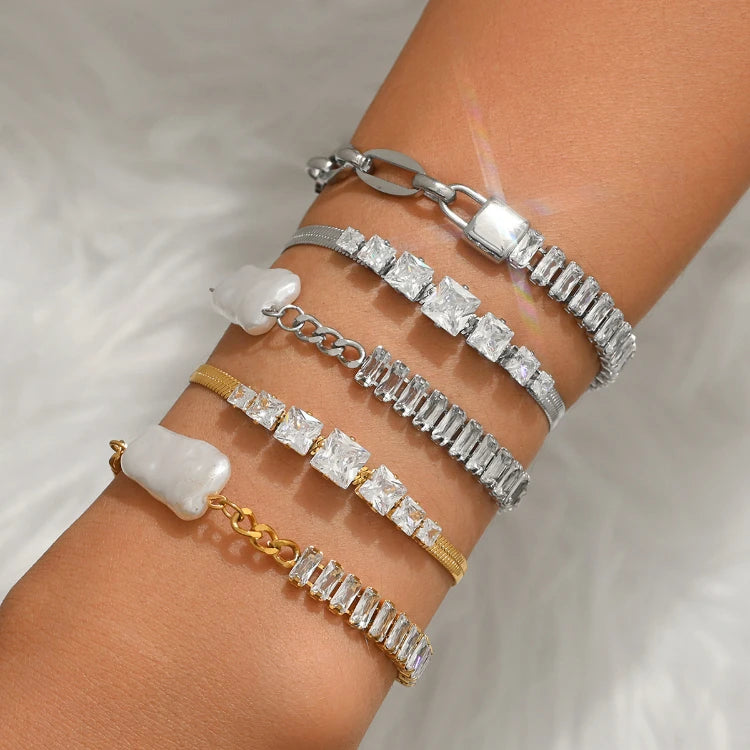 G1819 Zircon Wholesale Bracelets Luxury Jewelry for Women Gold Plated Lock Charm Stainless Steel Chain and Tennis Bracelets