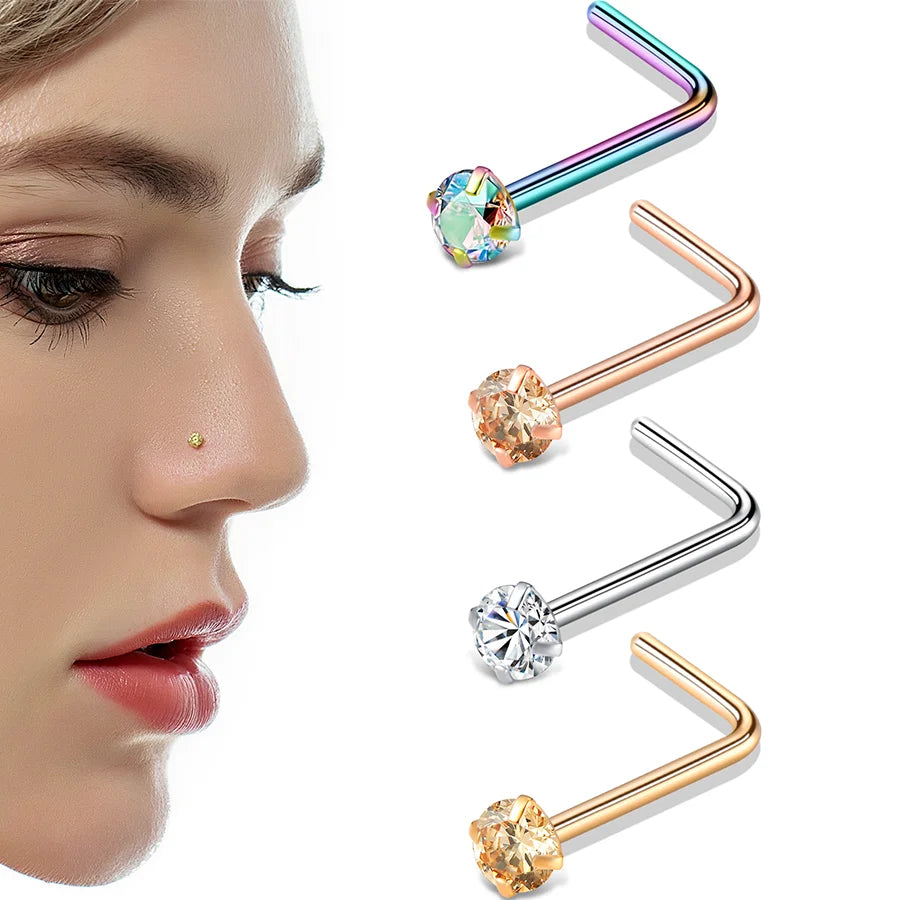 2.5mm Rose Gold Rainbow Zircon L-Shape Stainless Steel Nose Pin Wholesale Nostril Nose Piercing Ring for Women Men for Wedding
