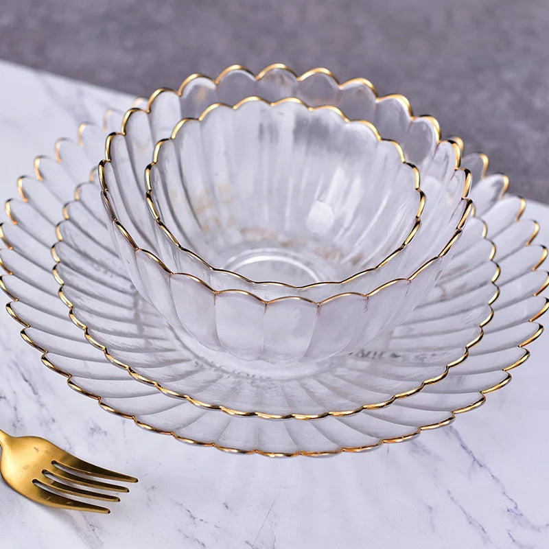 Nordic Style Lace Gold Rim Glass Bowl Set for Home Salad Dessert Bowl Fruit Snack Plate