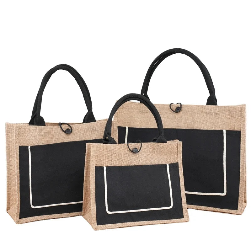 Custom Logo Eco-Friendly Jute Canvas and Burlap Reusable Linen Tote Bags for Beach and Shopping