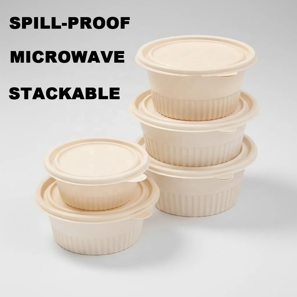 12 16 28 35 oz Eco Friendly Biodegradable Takeaway Soup Bowls Leak Proof Microwaveable Disposable Round Food Containers with Lid