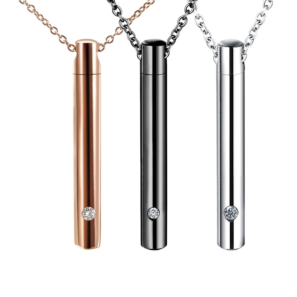 Wholesale Fashion Stainless Steel Cylinder Cremation Ashes Pendant Urn Gold Silver Black Plated Necklace with Zircon Main Stone
