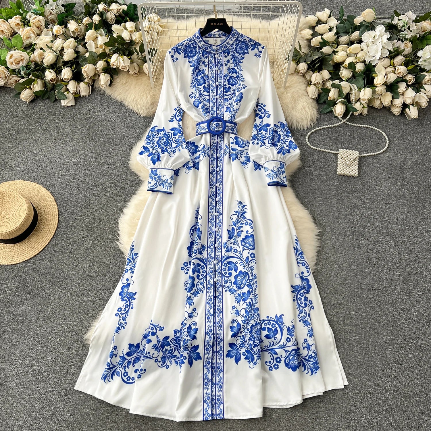 Plus Size Vintage Tunic Midi Dress for Women Empire Printed Lace Dresses Ladies Elegant Dresses Clothes Women