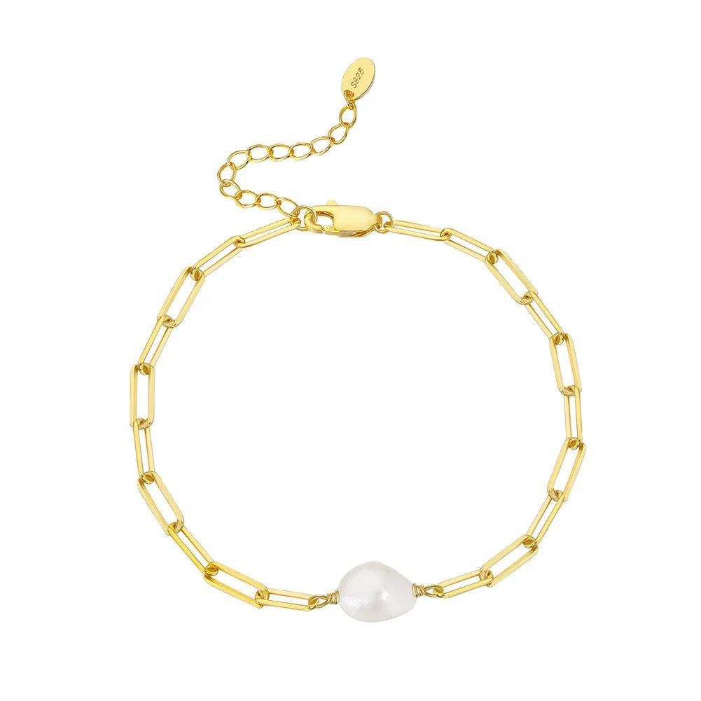 RINNTIN GPB07 925 Silver Pearl Bracelet Baroque Freshwater Pearls Beads Paperclip Chain Gold Plated Bracelets for Women