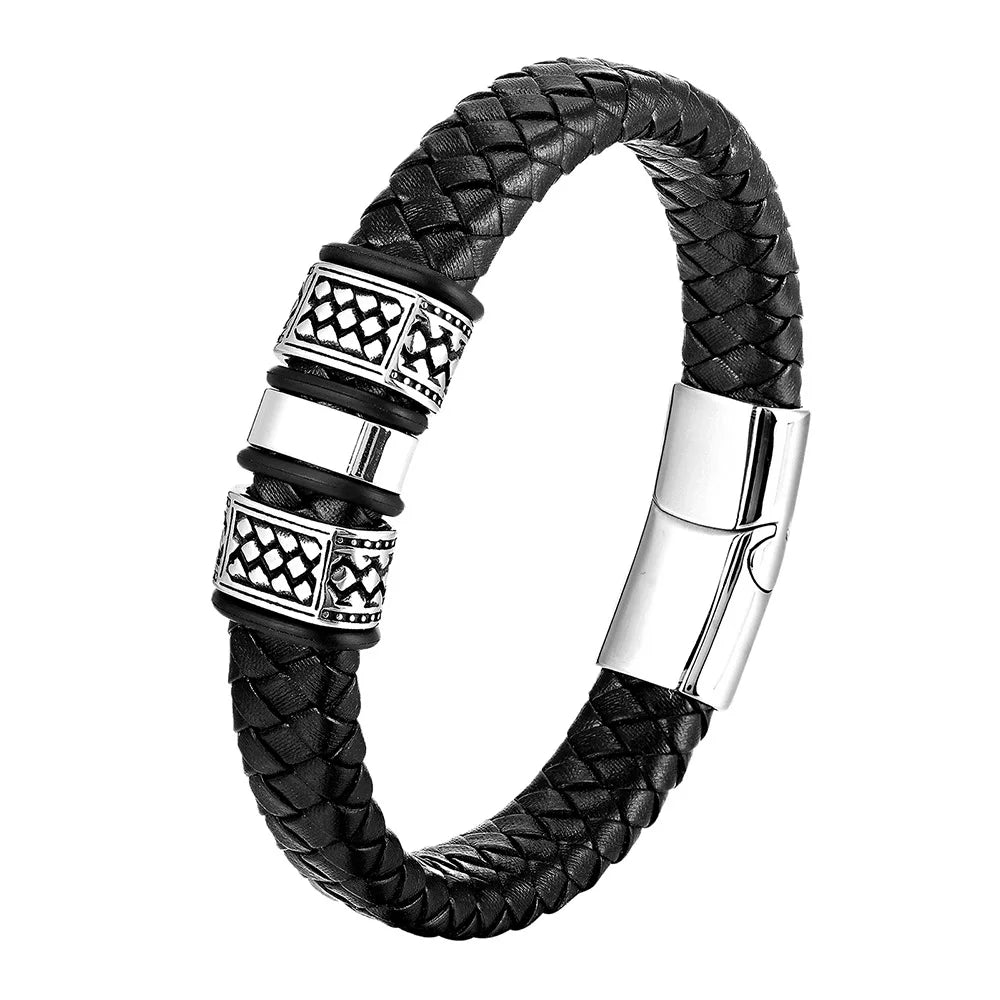 Hip Hop Black Braided Genuine Leather Bracelet Zircon Stainless Steel Accessories Leather Hand Jewelry Bracelet