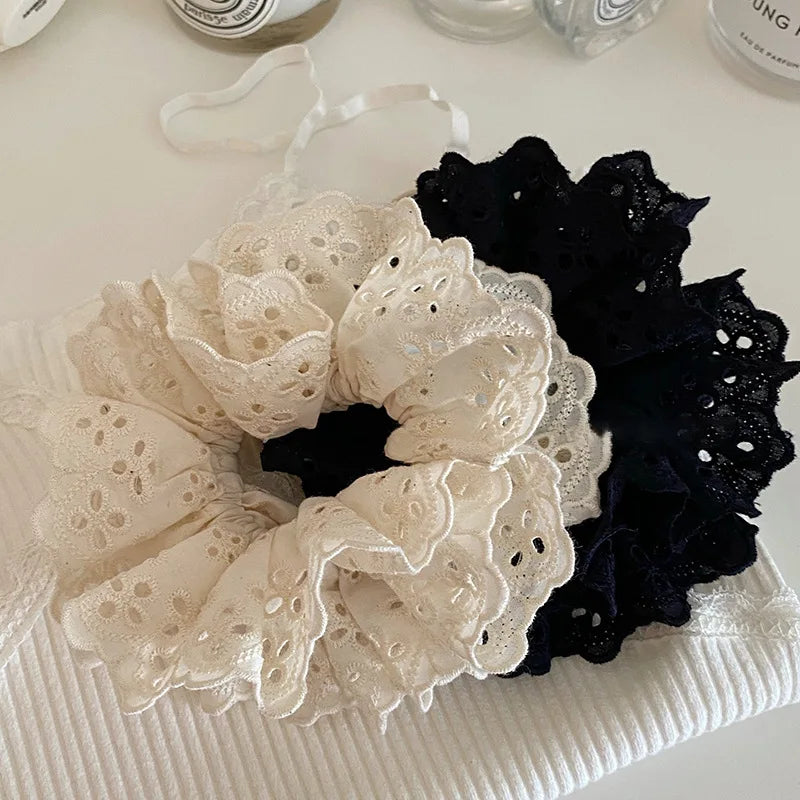White Cotton Floral Scrunchies with Lace for Women Plush Soft Fabric Hair Accessories Unisex for Party or Daily Use Sweet Style