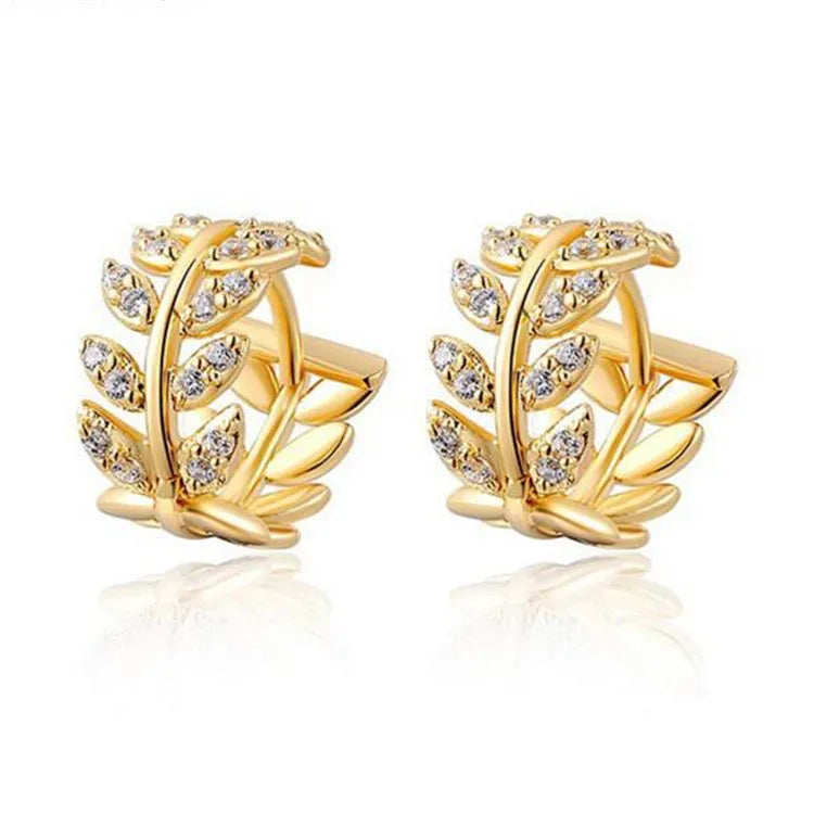 Hot Sale 14K Gold Plated  Diamond Tree Leaves Stud Earring Gold Plated Zircon Leaf Earrings for Women
