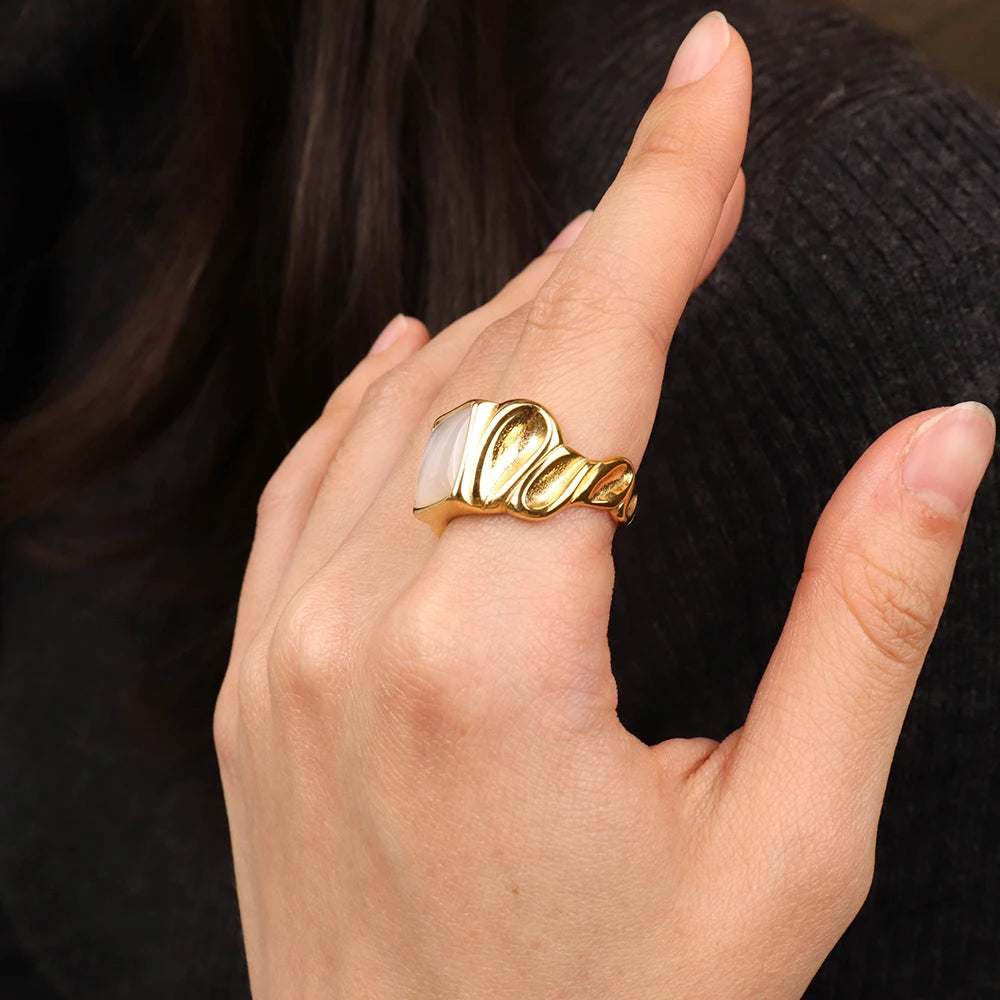 Chris April 316L Stainless Steel PVD Motherof Shell Signet Band Finger Ring for Women