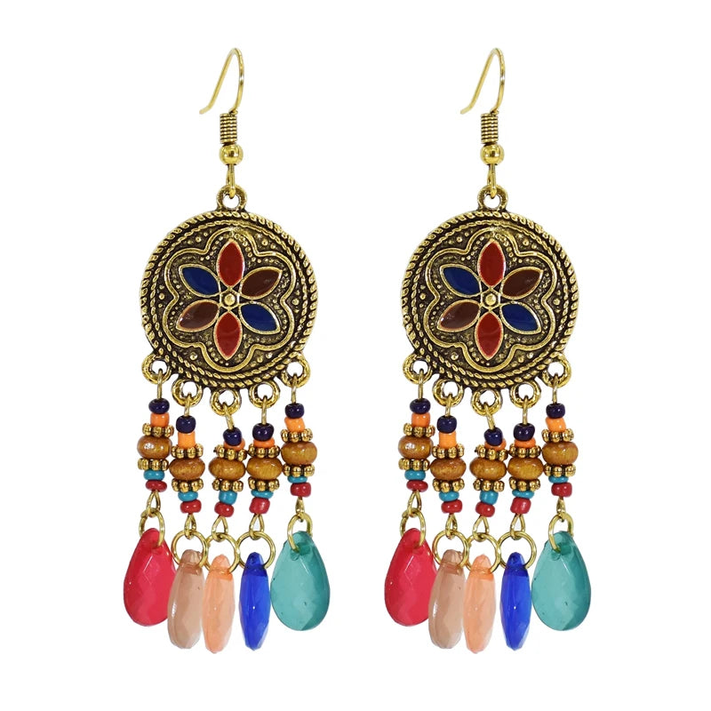Bohemian Style Beaded Tassel Stud Earrings with Exaggerated Crystal Teardrop Design Fashionable Party Jewelry for Women Girls