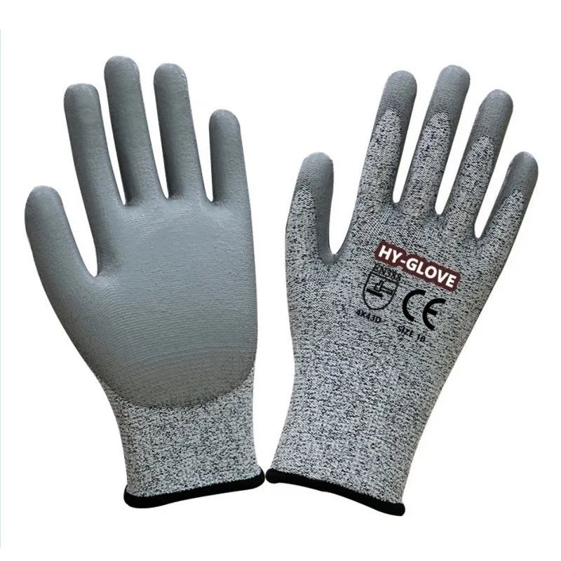 EN388 4X43D Glass Handling Construction Work Safety HPPE PU Coated Anti Cut Gloves Level 5 Cut Resistant Gloves Guante Anticorte