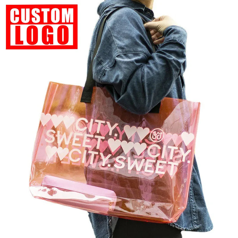Custom Logo Clear Messenger Crossbody Purse Stadium Approved Waterproof Transparent Pvc Zipper Women Handbag Tote Bag