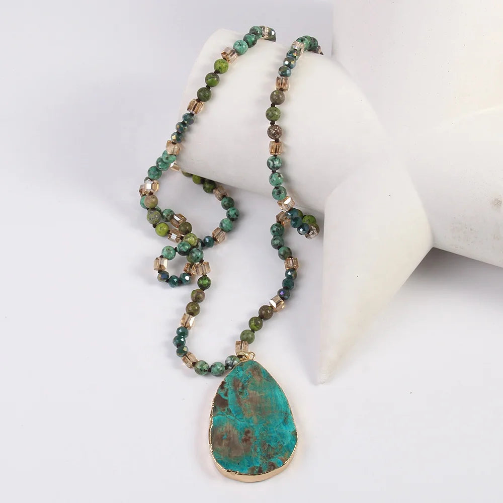 Fashion Boho Jewelry Women Bohemia 6mm Natural Stone Crystal Glass Natural African Turquoise Stone Drop Pendant Necklace