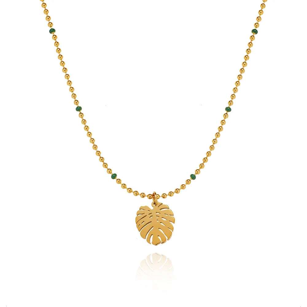 Simple 18K Gold Plated Dainty Bead String Stainless Steel Fern Hollow Leaf Pendant Necklace Tarnish-Free Fashion Beaded Necklace