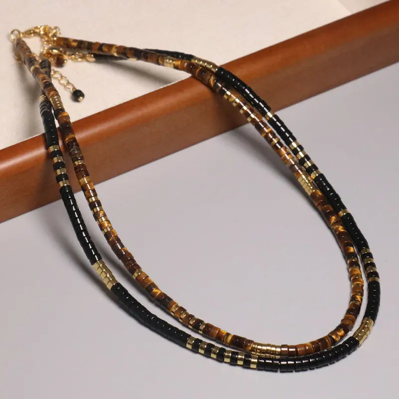 Classic Vintage Natural Stone Choker Tiger Eye Onyx Beaded Clavicle Necklace Trendy 18K Gold Plated Jewelry for Women Men Gift